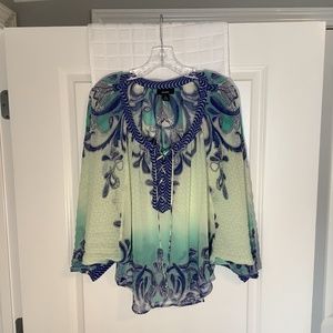 Alfani Ladies Cape Sleeves Sheer Blouse Cream/ Royal Blue Size M